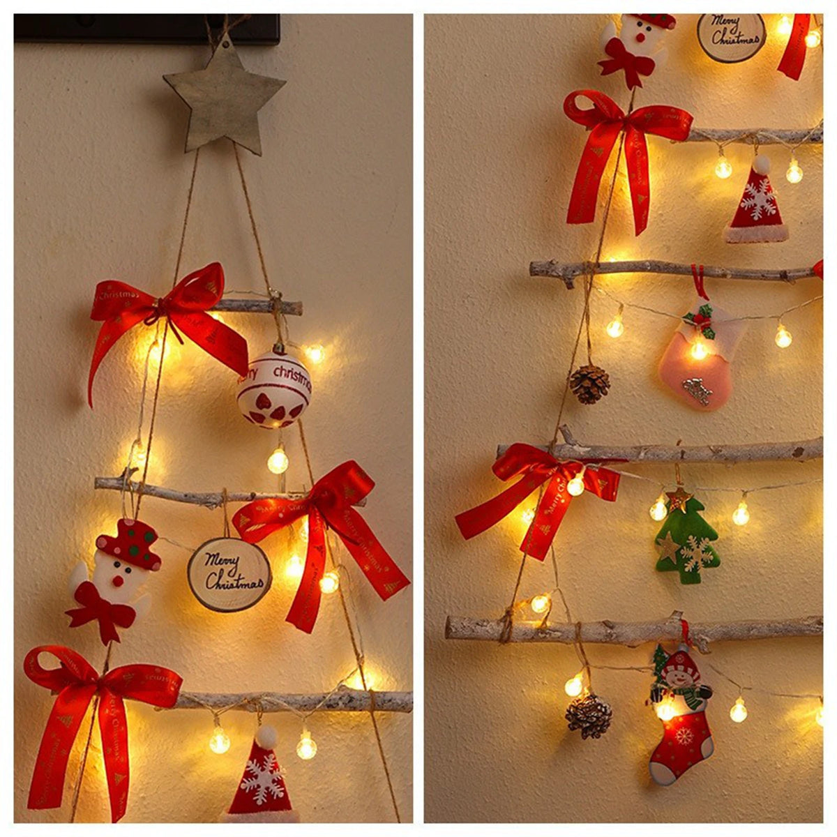 Christmas Tree Wall Decoration Glowing LED Red Bow Snowman Pine Cone Festive Home Indoor Hanging Accessory Set