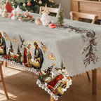 A Christmas tablecloth depicting the birth of Jesus in a sacred style, with white and red decorations and angels.zyc