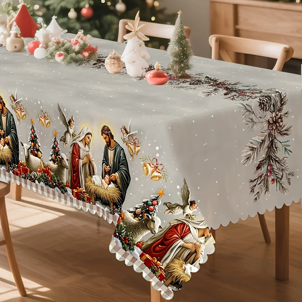 A Christmas tablecloth depicting the birth of Jesus in a sacred style, with white and red decorations and angels.zyc