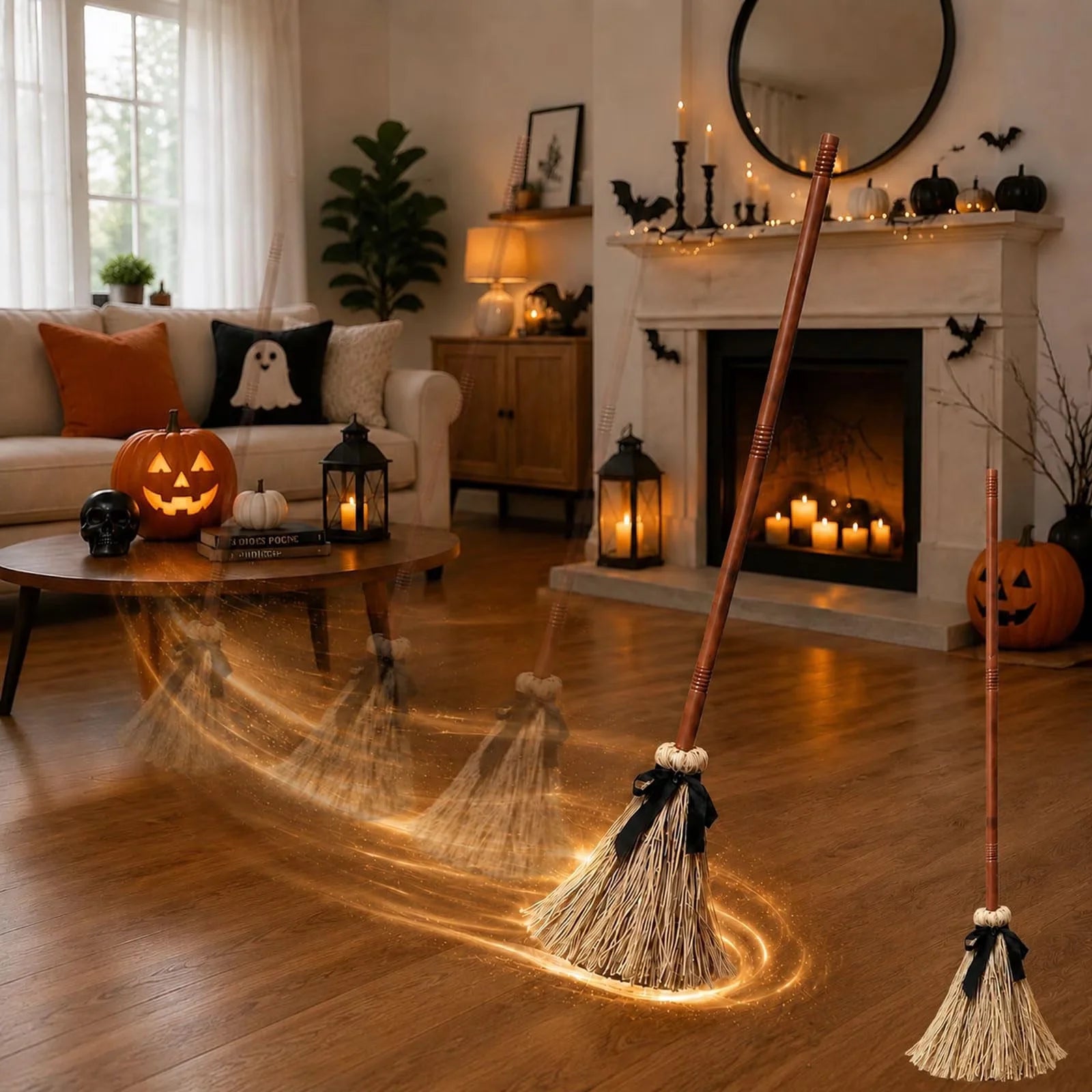 Halloween Animated Floating Witch Broom Sound Activated Dancing Magic Broom Detachable Electric Broom Prop Horror Party Decor