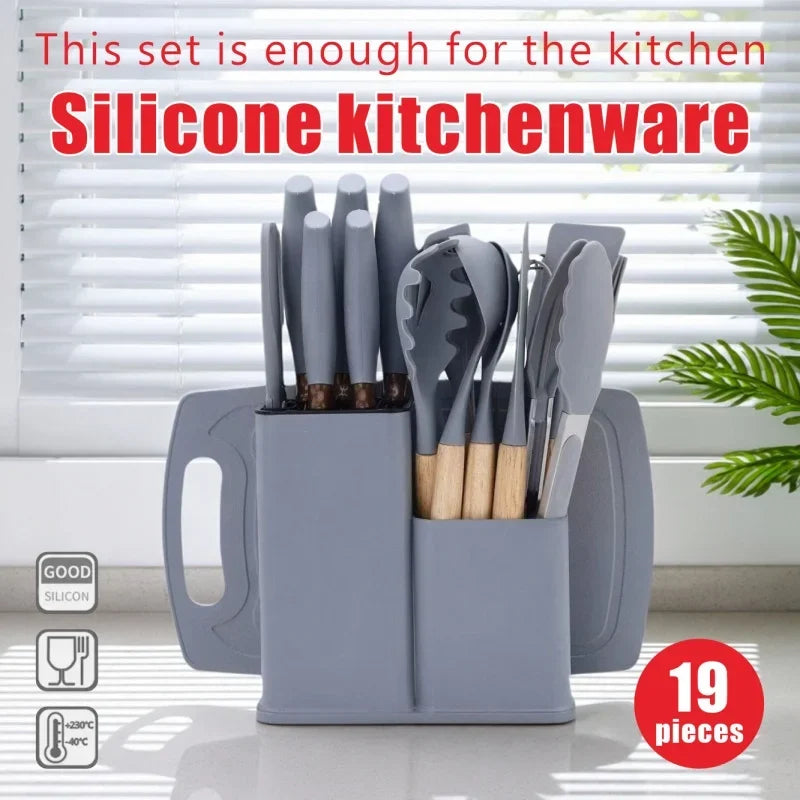 19-in-1 Kitchen Knife & Silicone Utensil Combo Set, Heat Resistant Cooking Tools with Detachable Storage Organizer