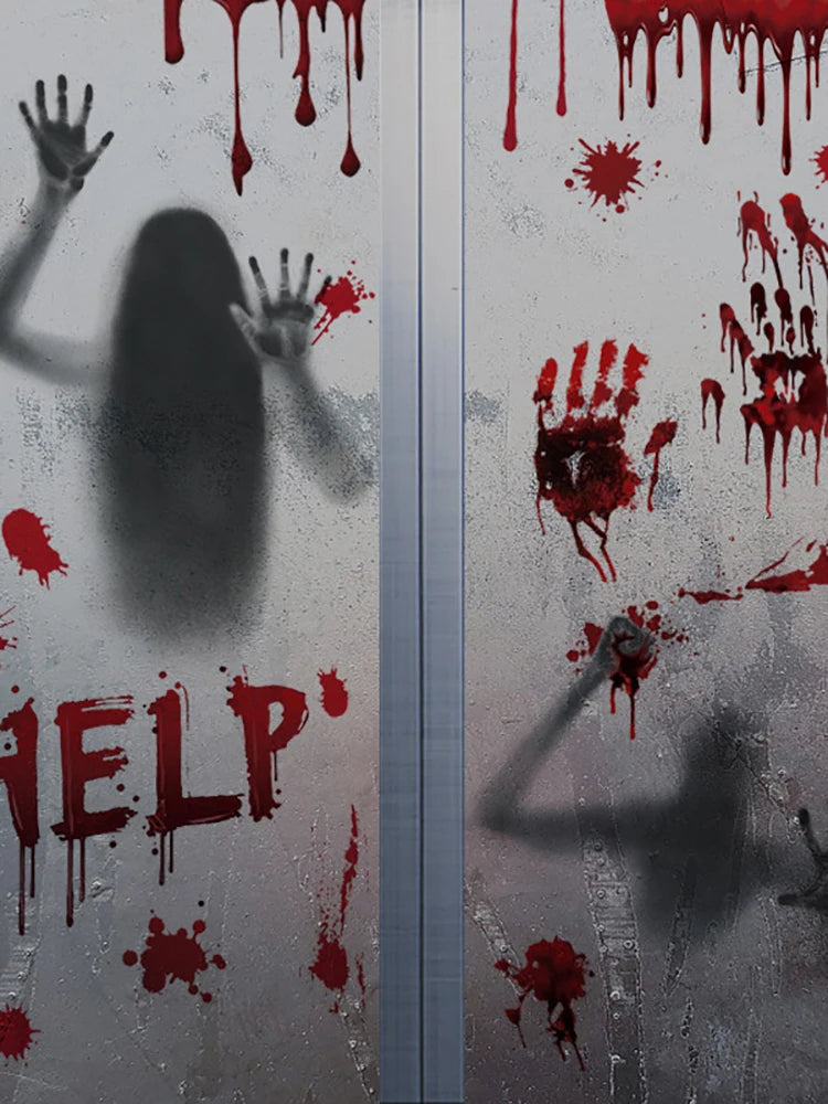 【H】Halloween Stickers Horror Blood Hand Print Door Stickers Window Bathroom Shadow Glass Female Ghost Wall Decal Halloween Decor