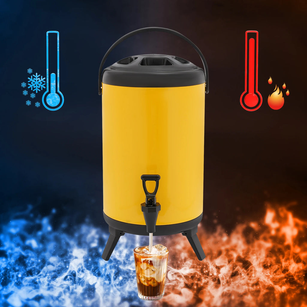 10L Stainless Steel Insulated Beverage Dispenser, Yellow Round Tabletop Drink Server with Spout, Hot & Cold Drink Dispenser