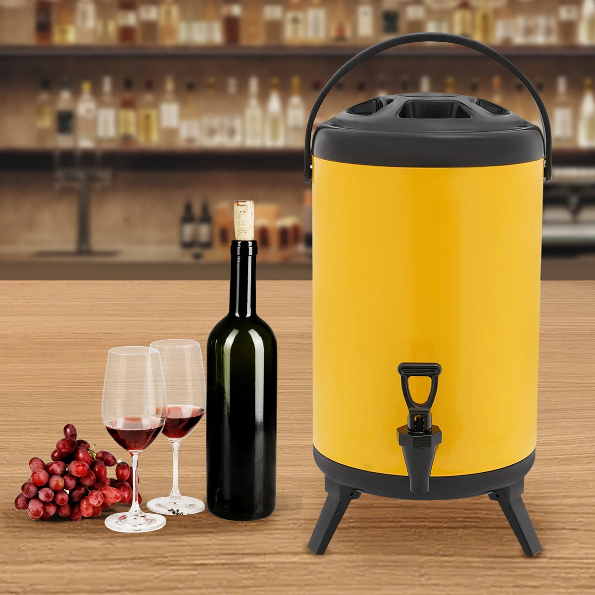 10L Stainless Steel Insulated Beverage Dispenser, Yellow Round Tabletop Drink Server with Spout, Hot & Cold Drink Dispenser