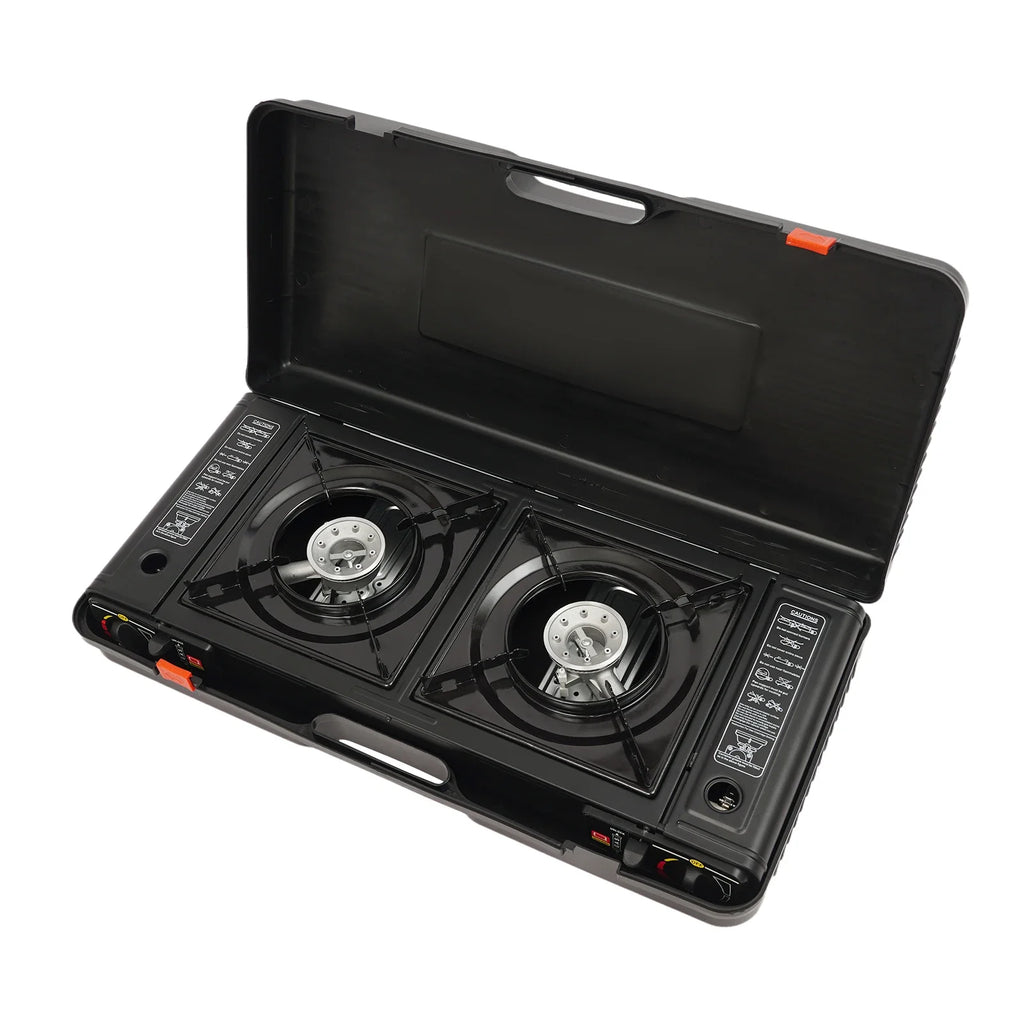 Portable Dual-Burner Camping Stove with Carrying Case 2500W Power Per Burner Ideal for Outdoor Cooking Picnics Camping Trips