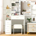 LED Vanity Table with Sliding Mirror, White Makeup Desk 4 Drawers Stool, Dressing Table for Women, Glam Furniture