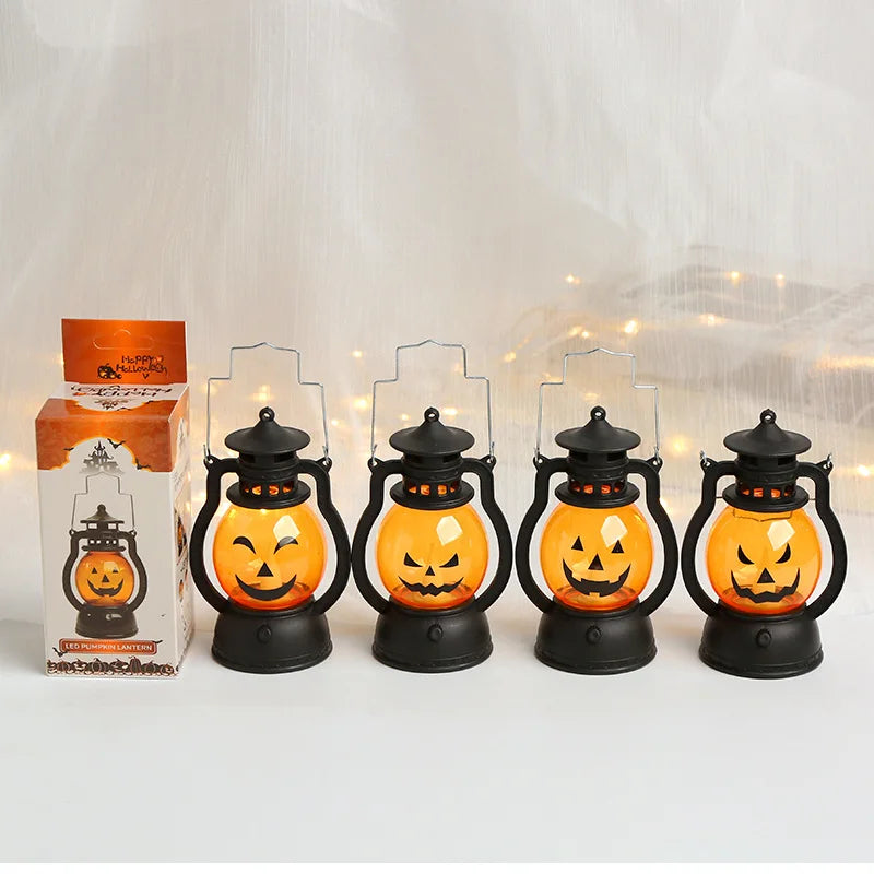 Halloween LED Hanging Pumpkin Lantern Light Ghost Lamp Candle Light Retro Small Oil Lamp Halloween Party Home Decor Horror Props