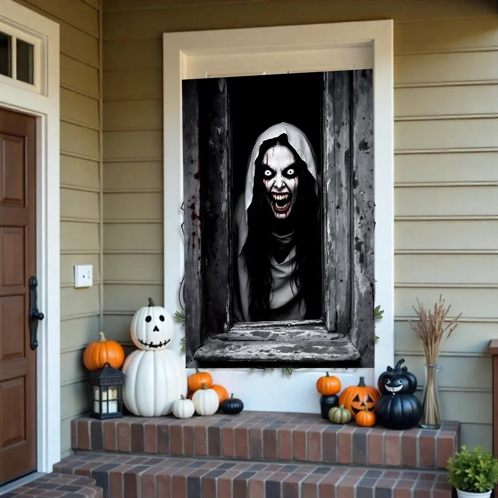 One Halloween curtain - featuring a terrifying design of a ghostly female face, with a horror theme and seasonal decoration.