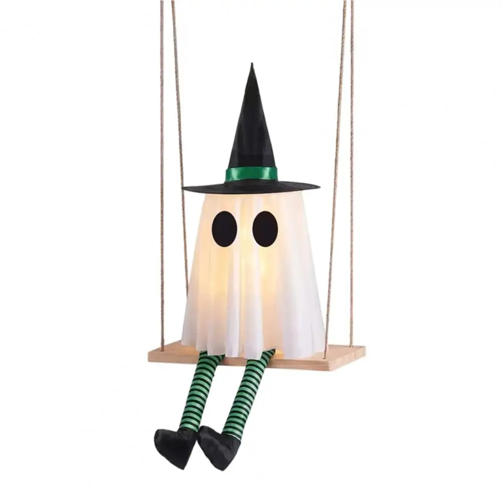 Halloween Hanging Swinging Ghost Decoration Spooky Light Up Swing Ghost with Witch Hat for Outdoor Tree Decor