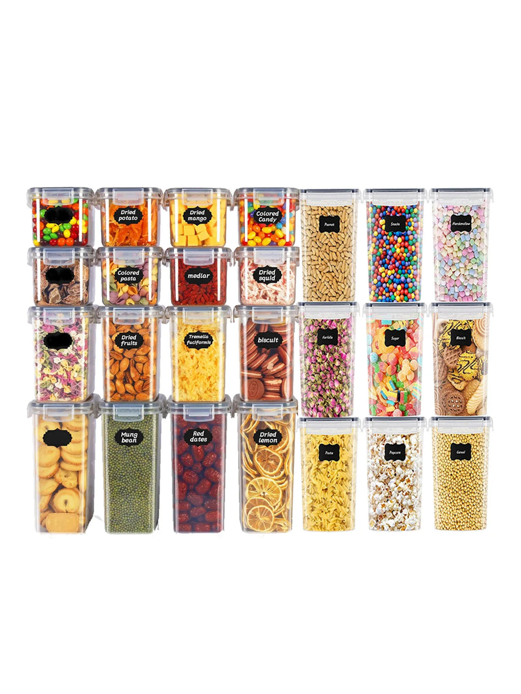 48pcs, Sealed Food Storage Containers with Lids, Plastic Kitchen Pantry, Dry Cargo Jars of Lactose, Grain, Flour, Sugar, Labeled