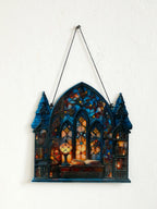 Halloween Gothic House Hanging Decor Acrylic Building Shape with Book & Lantern Design Window Pendant Art Wall Ornament for Home