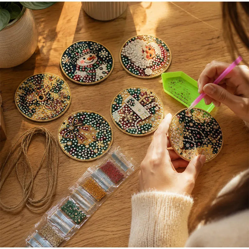Christmas Diamond Painting Kit DIy Christmas Wooden Ornaments Xmas Snowman Reindeer Hanging Decor Relaxing Project Holiday Gifts