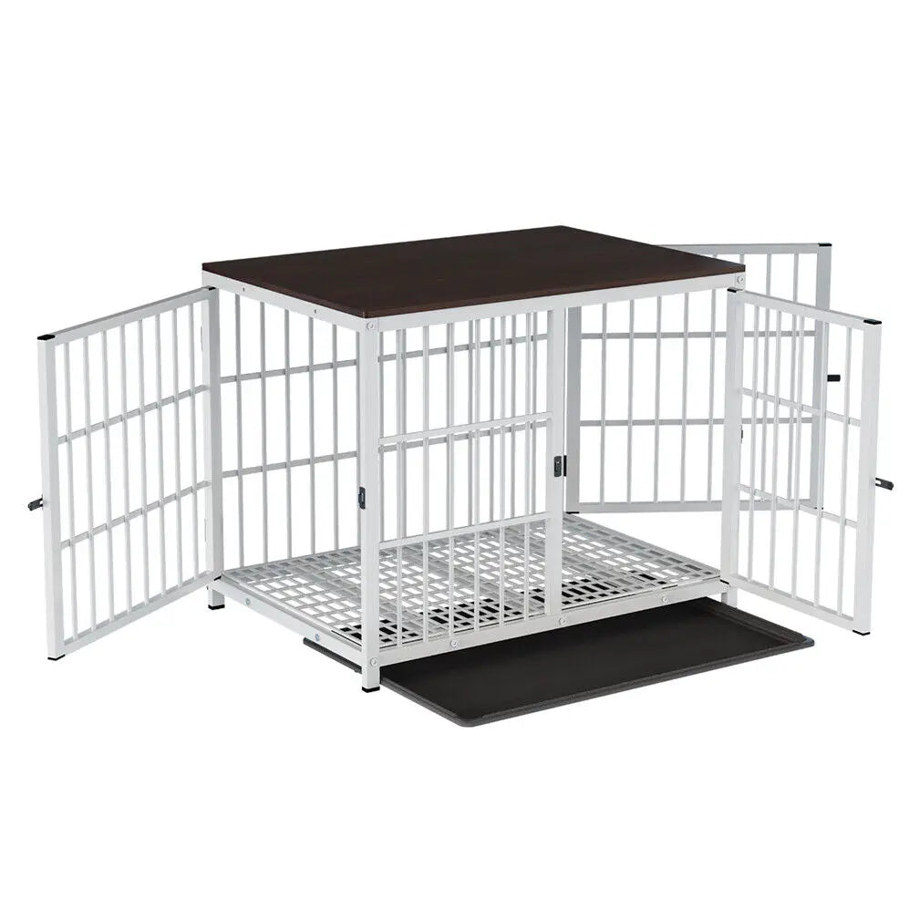 Wooden Dog Crate Furniture with Metal Frame, Large Indoor Dog Kennel End Table, Stylish Pet Cage with 3 Doors and Removable Tray