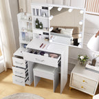 LED Vanity Table with Sliding Mirror, White Makeup Desk 4 Drawers Stool, Dressing Table for Women, Glam Furniture