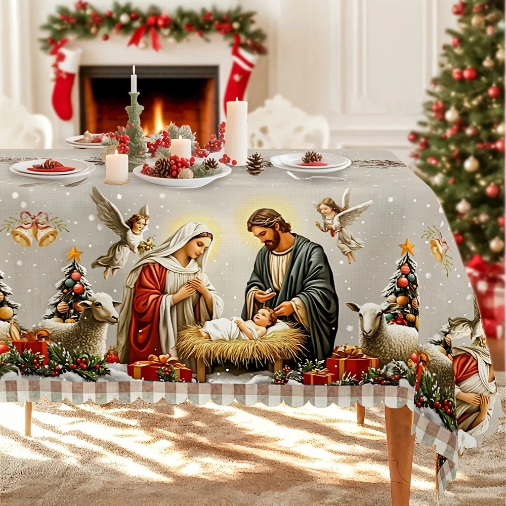 A Christmas tablecloth depicting the birth of Jesus in a sacred style, with white and red decorations and angels.zyc
