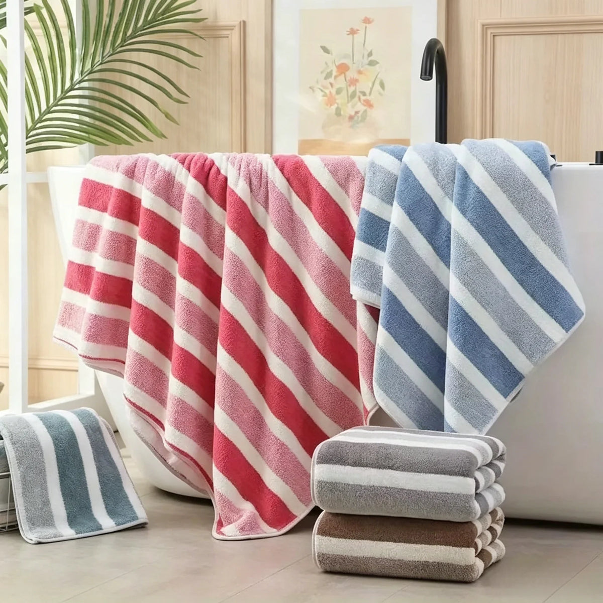8-Piece Ultra Absorbent Towel Set, Lint-Free & Super Soft Two-Tone Striped Bath Towel Collection, Premium Microfiber Bathroom Towel Set Includes 2 Bath Towels, 2 Face Towels & 4 Hand Towels, Suitable for Bathroom, Spa & Hotel