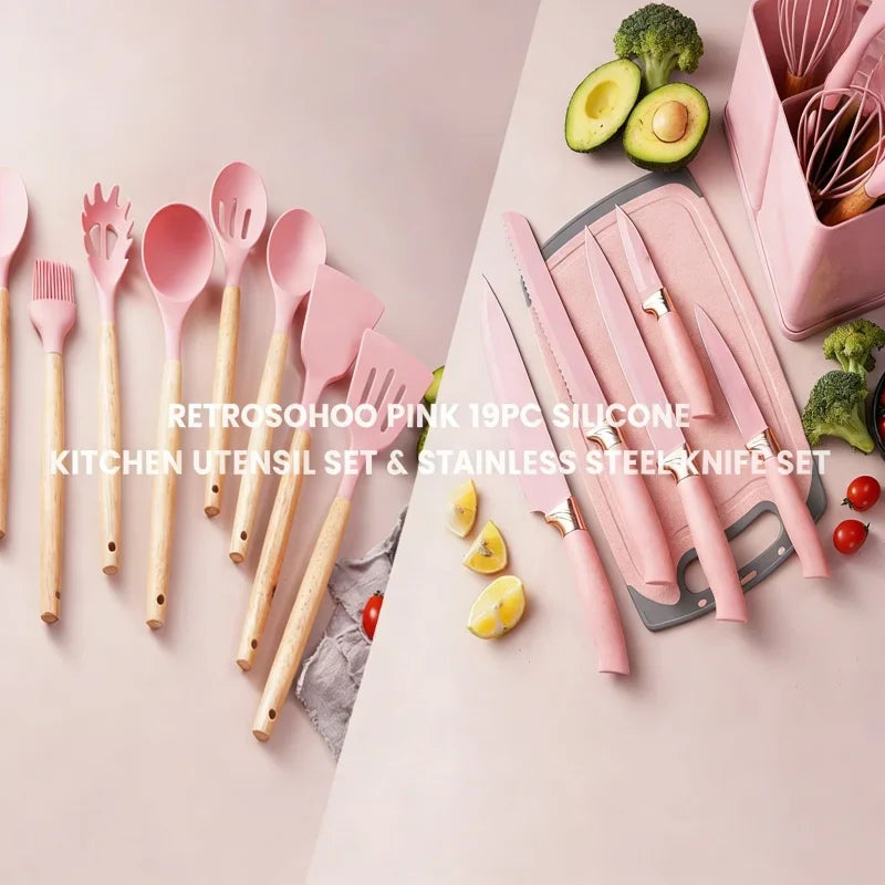 19-in-1 Kitchen Knife & Silicone Utensil Combo Set, Heat Resistant Cooking Tools with Detachable Storage Organizer