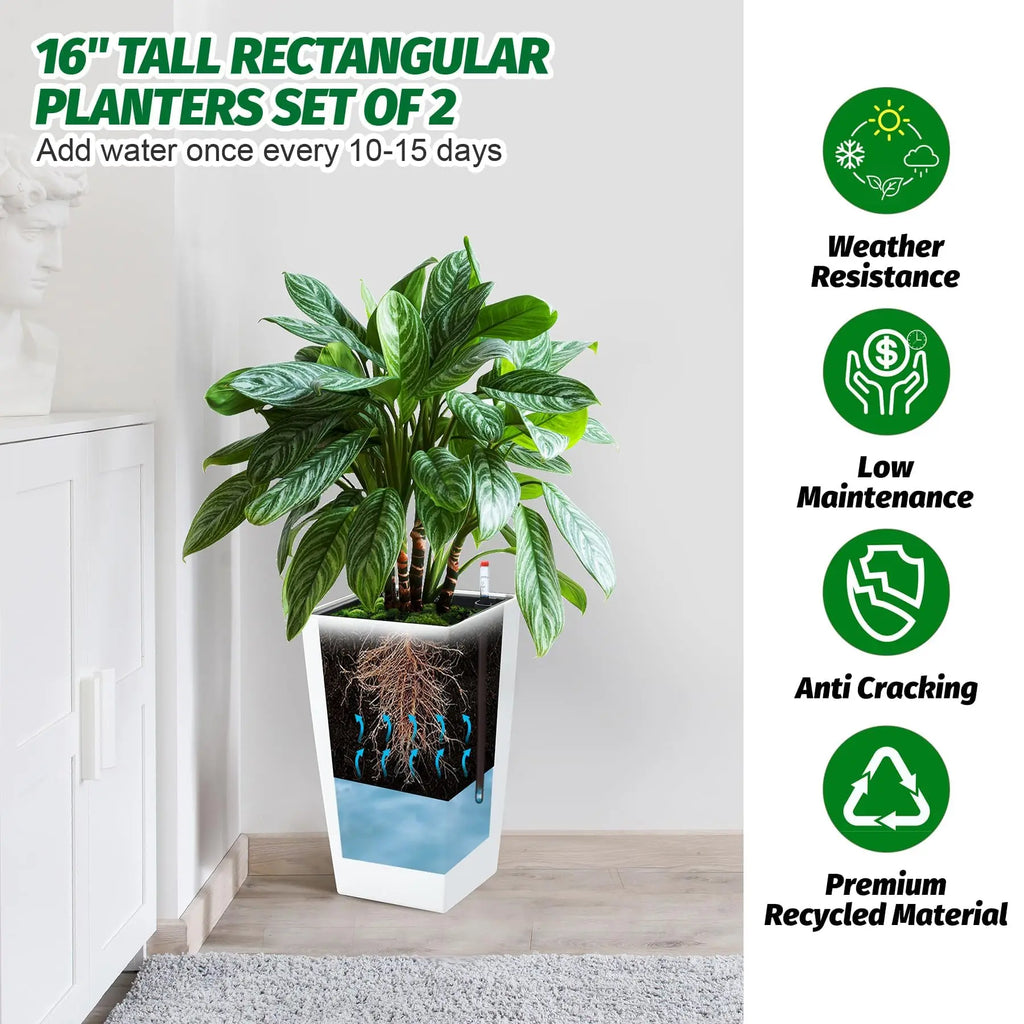 15.7"/22.5" Tall Planters Set Of 2, Self Watering Indoor Outdoor Front Porch Planter Pots With Drainage & Monitor Bucket