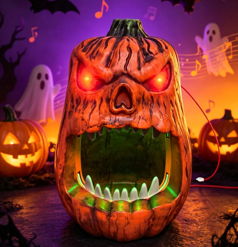 Halloween Horror Skull Face Pumpkin Candy Storage Box Voice-activated Glowing Pumpkin Ornaments Holiday Decorations  Birthday