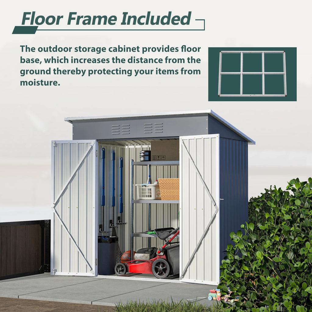 6x4 Ft Heavy Duty Metal Outdoor Storage Shed Lockable Double Doors with Floor Frame All Weather Utility Cabinet Backyard Patio
