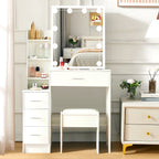 LED Vanity Table with Sliding Mirror, White Makeup Desk 4 Drawers Stool, Dressing Table for Women, Glam Furniture