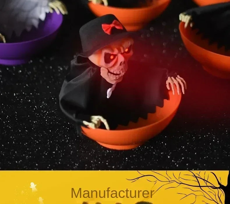 Halloween Skeleton Hand Candy Bowl with Light Up Red Eyes Spooky Sound Effects for Haunted House Party Decoration  ﻿