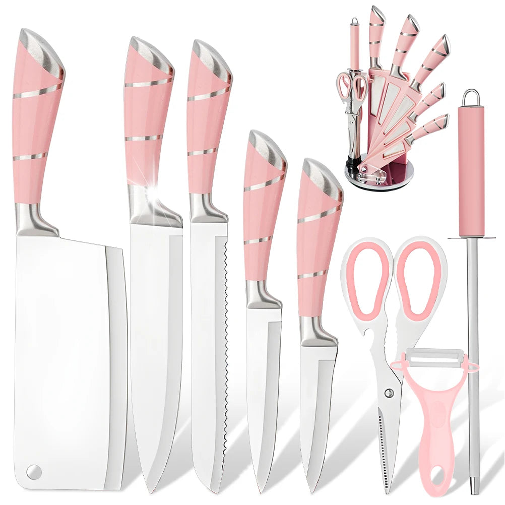ZENG 9PCS Kitchen Knife Set Stainless Steel Hollow Handle Sharp Meat Cutting Cooking Knife Scissors Bread Knife Fruit Peeler