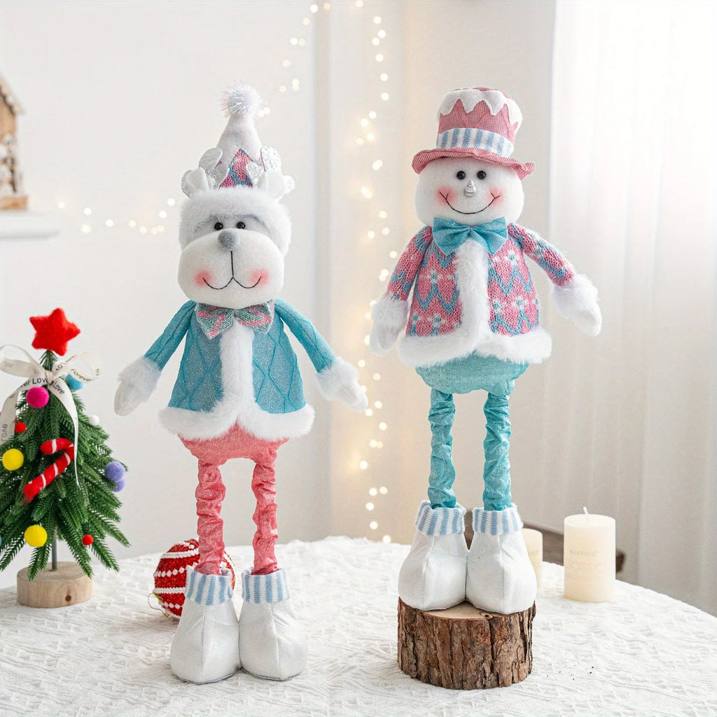 Retractable Santa Claus,Snowman,Elk Dolls,Pink & Blue Fabric Window Decoration with Metal Accents,Multi-Holiday Decor for Christ