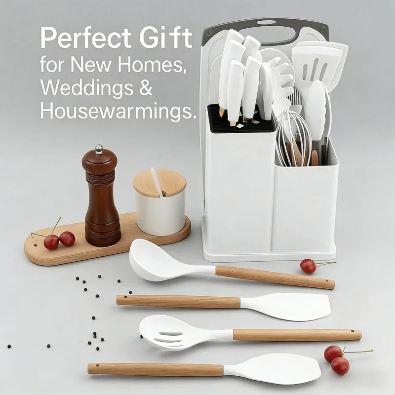 19-in-1 Kitchen Knife & Silicone Utensil Combo Set, Heat Resistant Cooking Tools with Detachable Storage Organizer