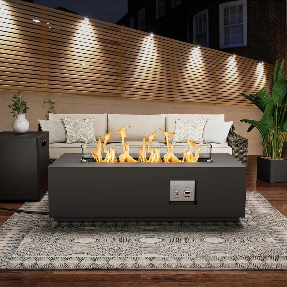 42 Rectangular Propane Fire Pit Table 50,000 BTU Fireplace Table with Wind Guard, Lid, Rocks and Cover, Fire Pits & Outdoor