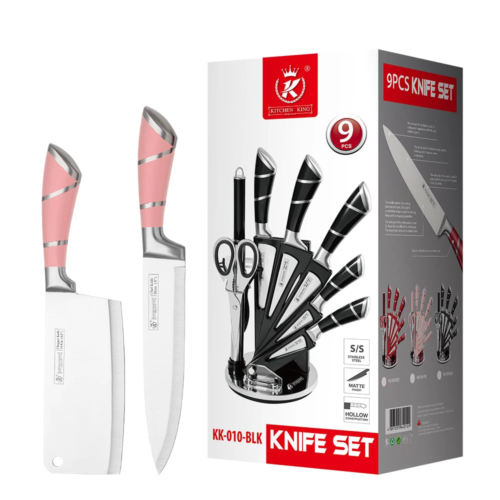 ZENG 9PCS Kitchen Knife Set Stainless Steel Hollow Handle Sharp Meat Cutting Cooking Knife Scissors Bread Knife Fruit Peeler
