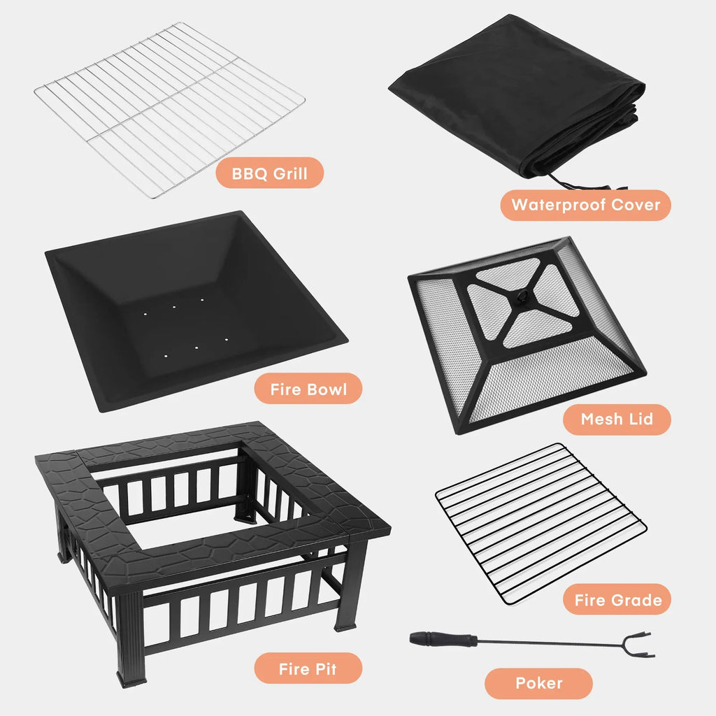 Fire Basket Garden Fireplace 81x81x45cm Including Grill (51*51cm) And Waterproof Cover For Heating/Grilling Metal Brazier