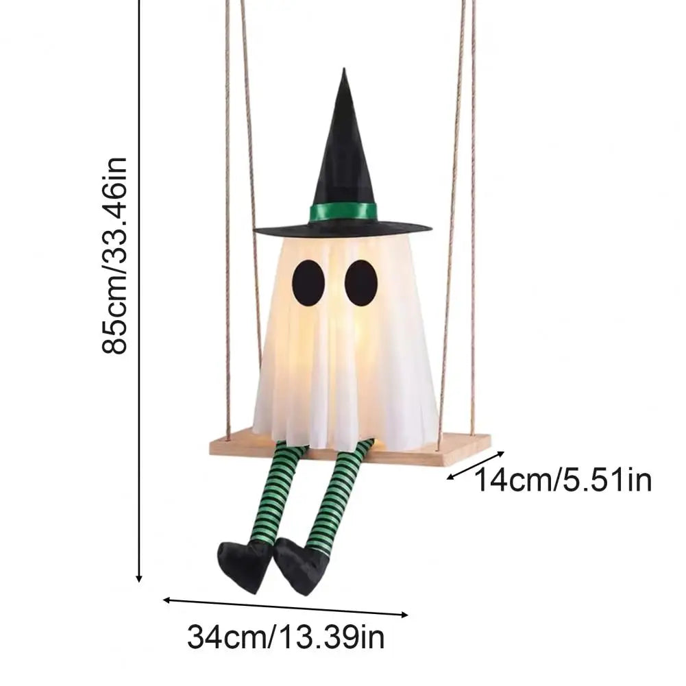 Halloween Hanging Swinging Ghost Decoration Spooky Light Up Swing Ghost with Witch Hat for Outdoor Tree Decor