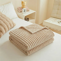 Warm and Comfortable Striped Flannel Blanket, Faux Rabbit Fur Blanket, Soft and Warm Sofa Blanket, Ideal for Napping, Office Use