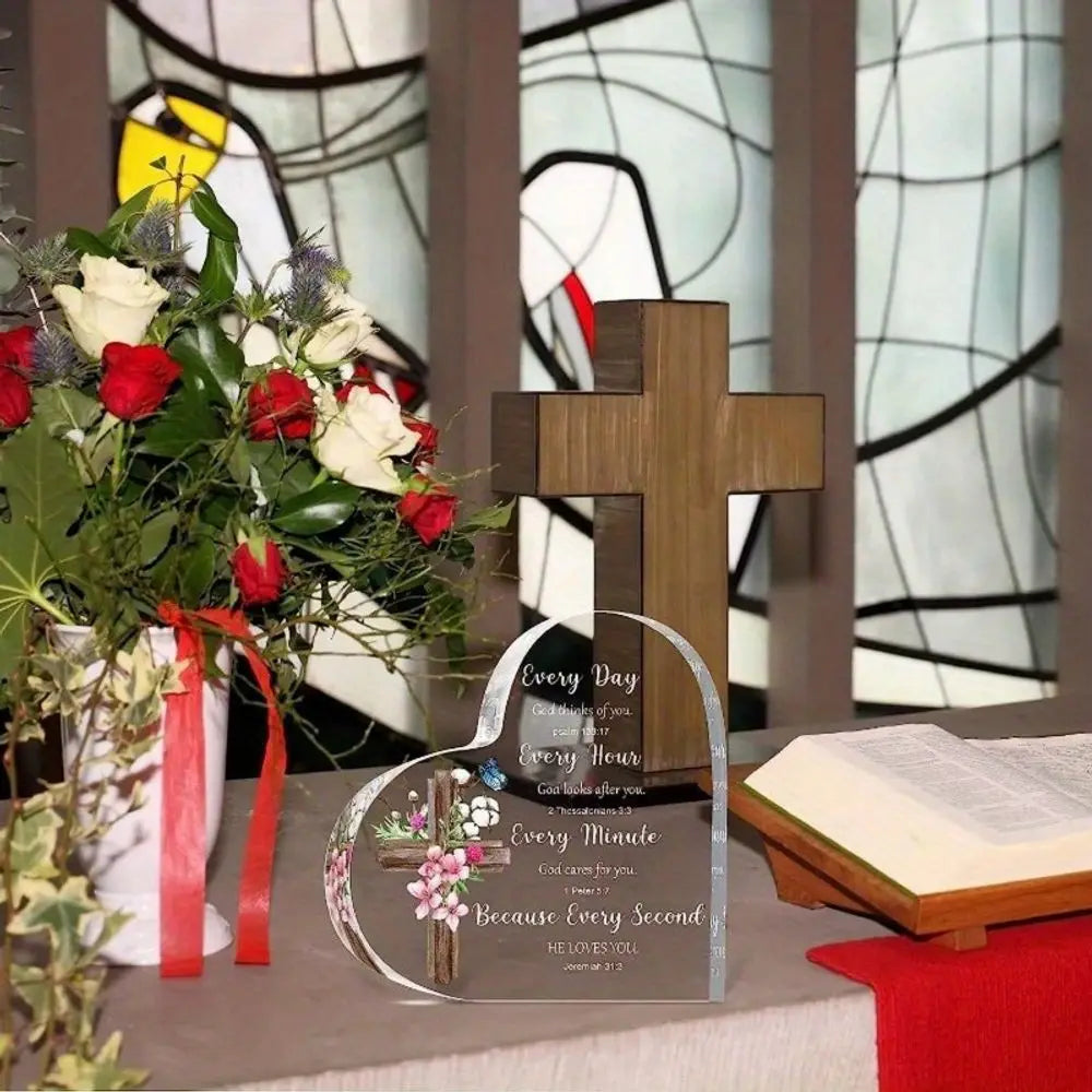 Heart-Shaped Bible Verse Acrylic Decor – Boho Cross & Floral Design, Desk & Home Decor, Ideal Gift for Mom