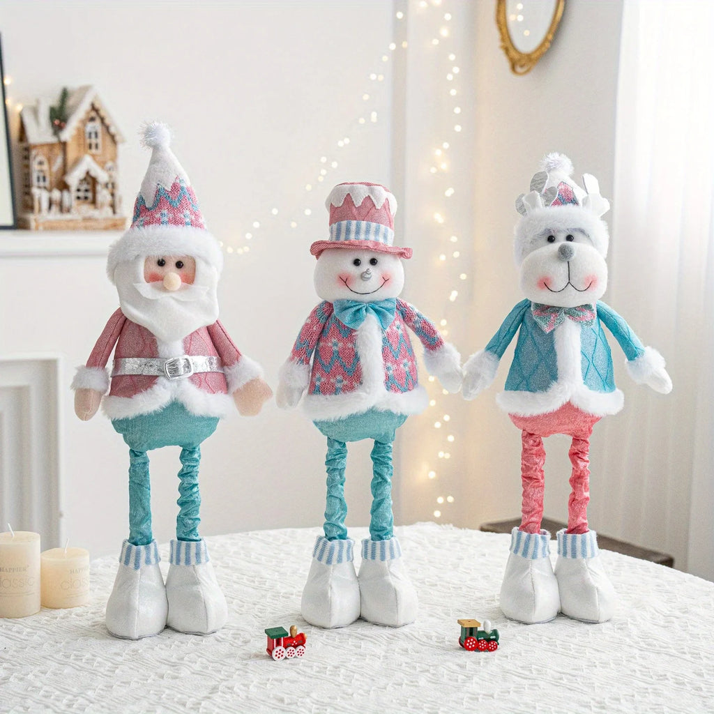Retractable Santa Claus,Snowman,Elk Dolls,Pink & Blue Fabric Window Decoration with Metal Accents,Multi-Holiday Decor for Christ