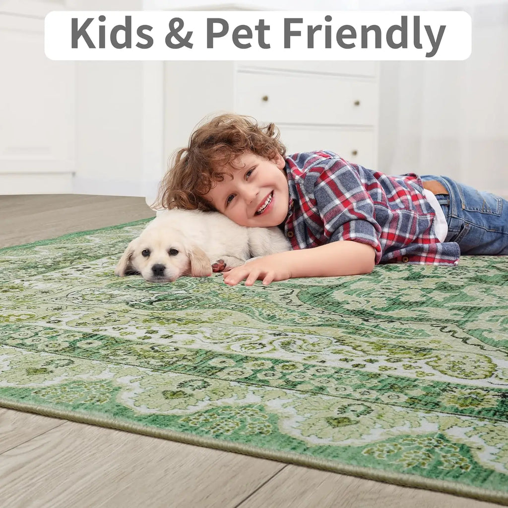 Area Rugs for Living Room, Machine Washable Vintage Rug, Non-Slip Low Pile Throw Rugs with Rubber Backing Washable Carpet