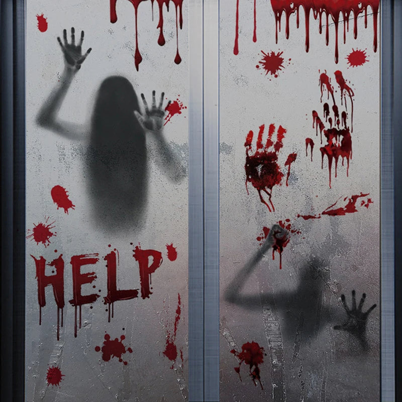 【H】Halloween Stickers Horror Blood Hand Print Door Stickers Window Bathroom Shadow Glass Female Ghost Wall Decal Halloween Decor