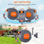 Wall Mounted Retractable Garden Hose Reel, 1/2 in X 72/100 ft, Auto Slow Rewind, 180° Swivel, 9-Function Nozzle, Any Length Lock