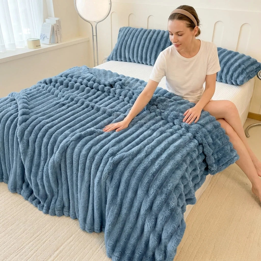 1PC Ribbed Fleece Blanket Twin/Full/Queen/King Soft Warm Textured Plush Throw for Bed Sofa Home Decor