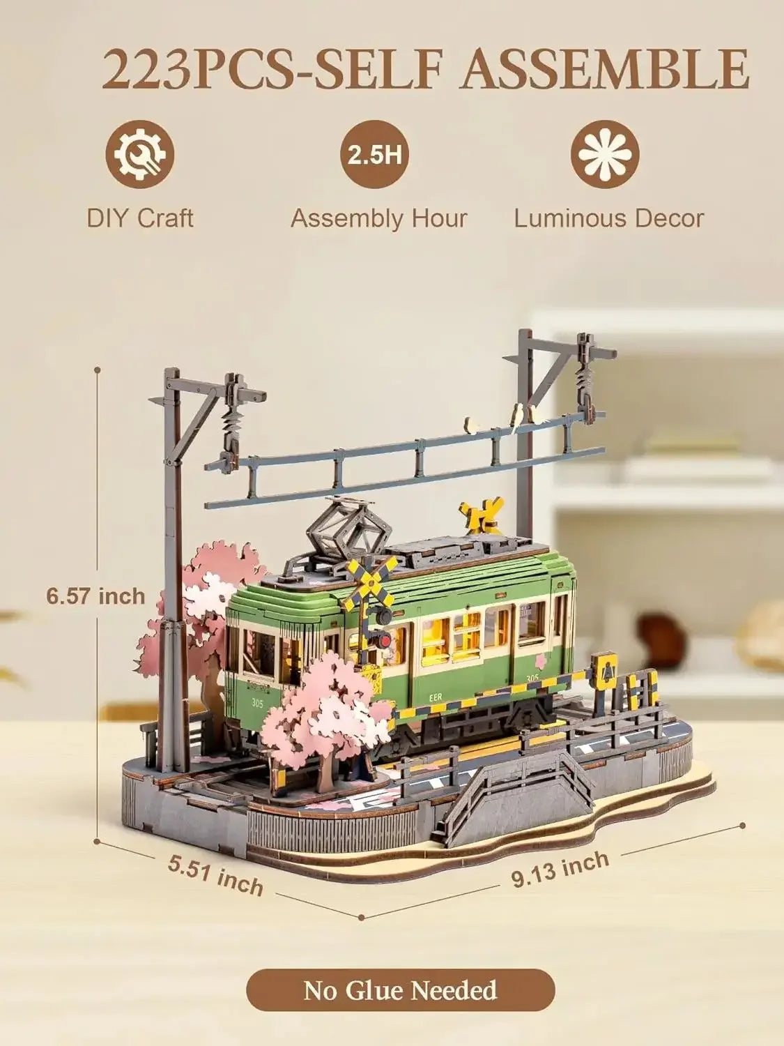 Robotime Sakura Journey Tram 3D Wooden Puzzles with LED Lights Home Decor Gift for Adults Women Girls