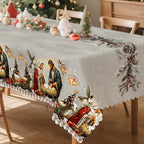 A Christmas tablecloth depicting the birth of Jesus in a sacred style, with white and red decorations and angels.zyc