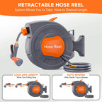 Wall Mounted Retractable Garden Hose Reel, 1/2 in X 72/100 ft, Auto Slow Rewind, 180° Swivel, 9-Function Nozzle, Any Length Lock