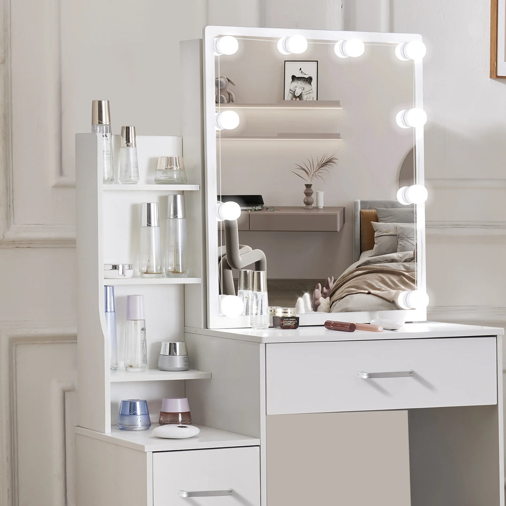 LED Vanity Table with Sliding Mirror, White Makeup Desk 4 Drawers Stool, Dressing Table for Women, Glam Furniture