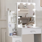 LED Vanity Table with Sliding Mirror, White Makeup Desk 4 Drawers Stool, Dressing Table for Women, Glam Furniture