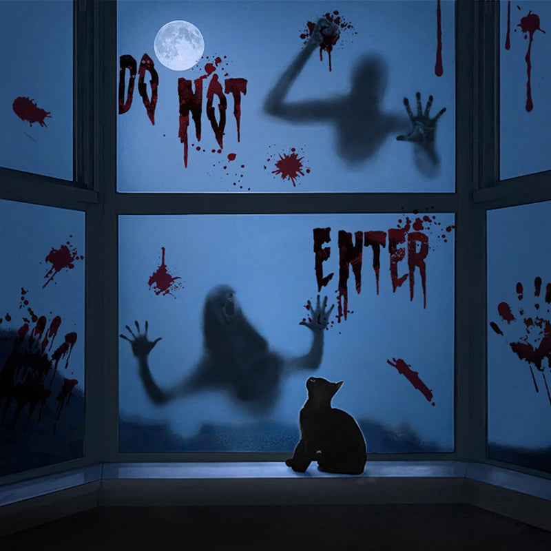 【H】Halloween Stickers Horror Blood Hand Print Door Stickers Window Bathroom Shadow Glass Female Ghost Wall Decal Halloween Decor