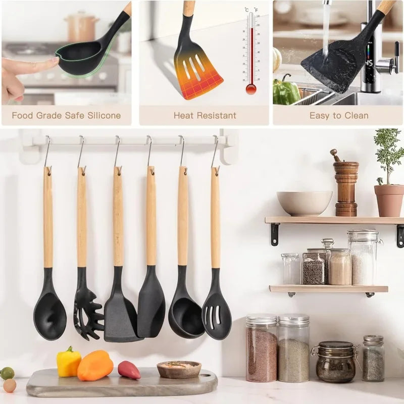 19-in-1 Kitchen Knife & Silicone Utensil Combo Set, Heat Resistant Cooking Tools with Detachable Storage Organizer