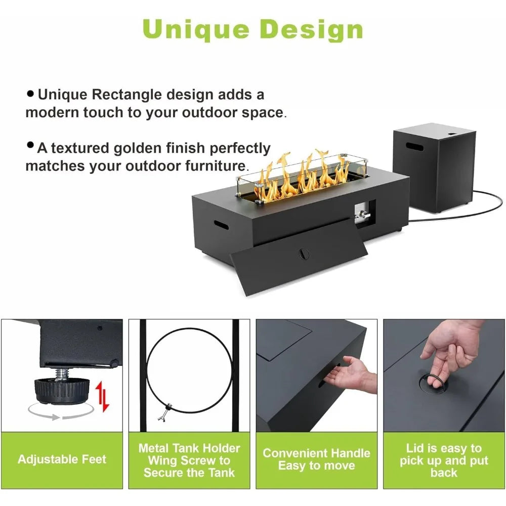 42 Rectangular Propane Fire Pit Table 50,000 BTU Fireplace Table with Wind Guard, Lid, Rocks and Cover, Fire Pits & Outdoor