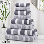 8-Piece Ultra Absorbent Towel Set, Lint-Free & Super Soft Two-Tone Striped Bath Towel Collection, Premium Microfiber Bathroom Towel Set Includes 2 Bath Towels, 2 Face Towels & 4 Hand Towels, Suitable for Bathroom, Spa & Hotel
