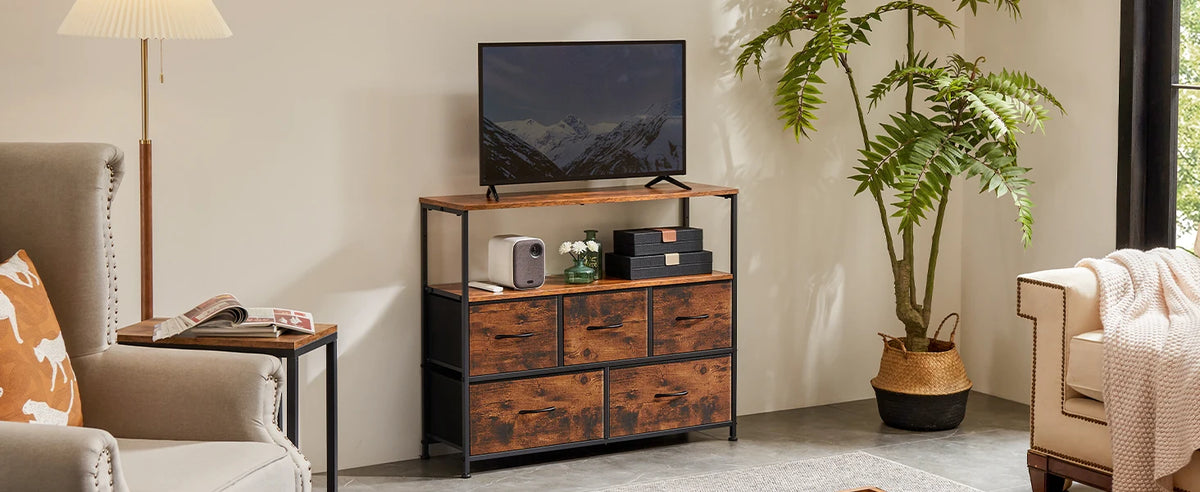 JHK Fireplace TV Stand Dresser For Bedroom With 5 Fabric Drawers Storage Closet Chest Clothes Storage Display Cabinet Furniture